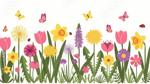 A vibrant border of colorful spring flowers, including tulips, daffodils, and dandelions, with butterflies and ladybugs fluttering around.
