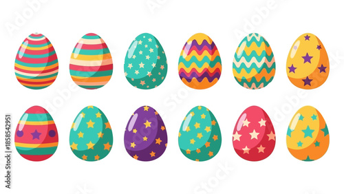 A vibrant collection of twelve beautifully decorated Easter eggs, each featuring unique patterns and colors, arranged in two rows against a white background.