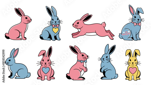 A collection of ten cartoon rabbits in various poses and colors, including pink, blue, and yellow, with some wearing bowties and hearts.