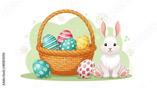 A charming Easter basket filled with colorful, patterned eggs sits beside a cute white bunny on a grassy knoll.