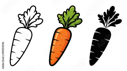 Three distinct illustrations of a carrot: a black and white outline, a colored version, and a solid black silhouette.