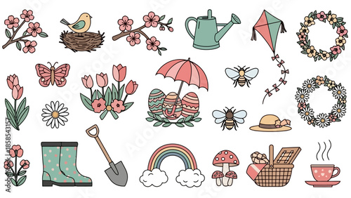 A vibrant collection of spring-themed illustrations featuring flowers, birds, Easter eggs, and outdoor activities.