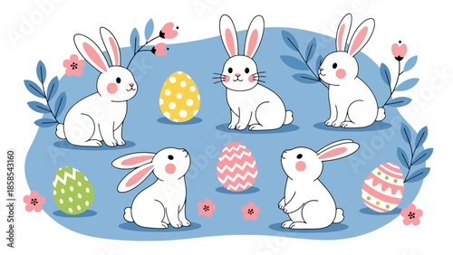 A charming illustration of five adorable white bunnies surrounded by colorful Easter eggs and delicate spring foliage on a soft blue background.
