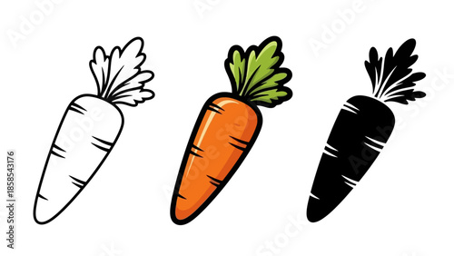 Three stylized illustrations of a carrot: one in outline, one in full color, and one as a solid silhouette.