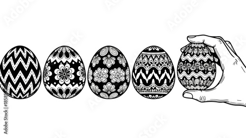 A hand holds a decorated Easter egg, with four other intricately patterned eggs lined up beside it.