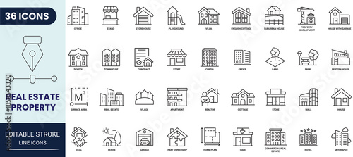 Real estate Properties line icon set. Includes Urban architecture, building, real estate, mall, skyscraper, and more. Editable stroke. Vector illustration.