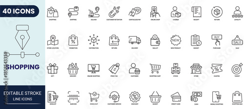 Shopping line icon set. Includes Online shopping, store, delivery, promotion, shopping cart and more. Editable stroke. Vector illustration.