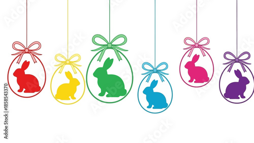 A vibrant collection of colorful Easter eggs, each featuring a silhouette of a bunny, suspended by ribbons and bows against a clean white background.