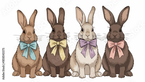 Four adorable cartoon bunnies dressed in pastel bow ties, sitting in a row against a white background.