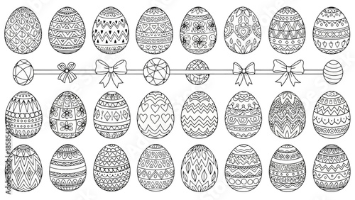 A collection of intricately decorated Easter eggs with various patterns and designs, presented in a grid layout.