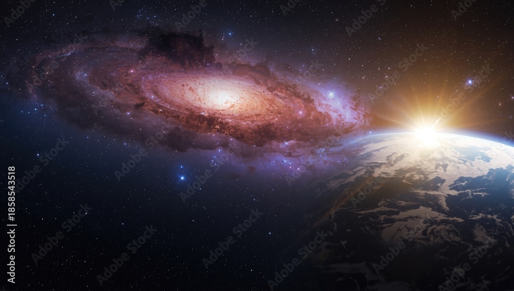 Fototapeta premium Detailed view of a galaxy's spiral arms with bright star clusters, used as an astrophysics research background, World Astronomy Day