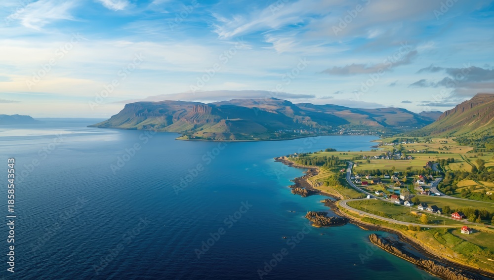 Obraz premium Aerial perspective of Iceland Fjord during summer, highlighting coastal erosion and geological formations