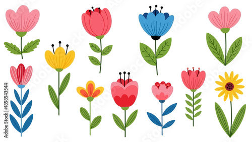 A vibrant collection of stylized, colorful flowers with green stems and leaves, presented in a flat design illustration.