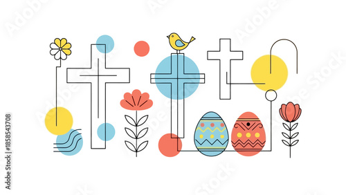 A minimalist illustration featuring Easter symbols like crosses, decorated eggs, flowers, and a bird, set against a white background with colorful abstract shapes.