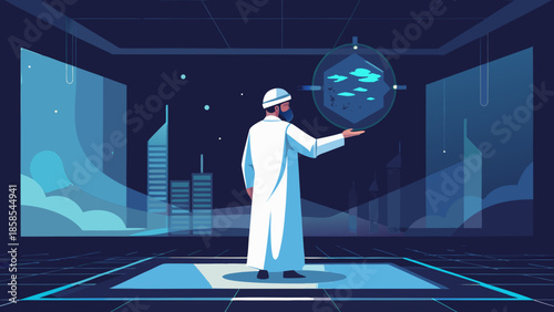 Man in traditional Arabic clothing interacting with a futuristic holographic display showing fish representing technology and marine life