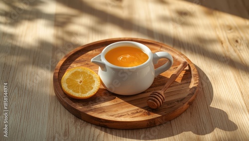 Organic lemon honey stored in a ceramic jar with honey dipper and lemon slice on a wooden tray, highlighting natural food storage and serving, World Food Day