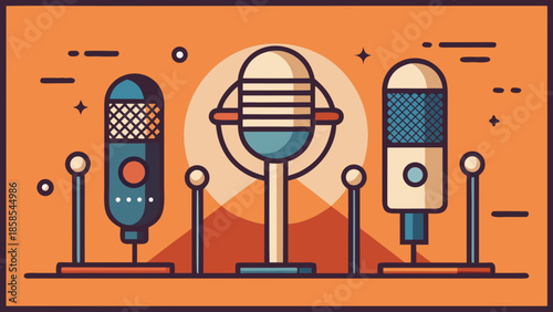 Collection of vintage and modern microphones flat vector illustration for podcasting and broadcasting representing audio recording and communication