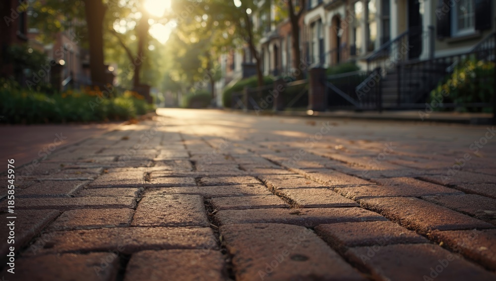 Fototapeta premium Red brick pavement with abstract texture serving as a city street flooring surface, suitable for urban layout design