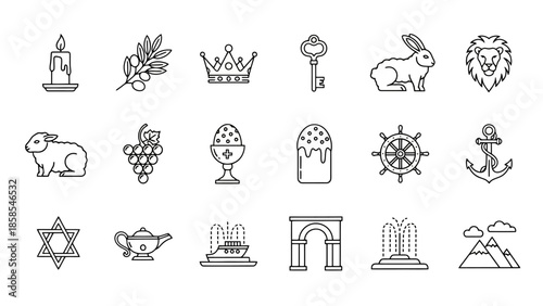 A collection of 18 diverse line art icons representing various themes including religious symbols, animals, and everyday objects.