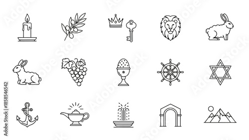 A collection of 15 diverse line art icons representing various concepts including religious symbols, animals, and everyday objects.