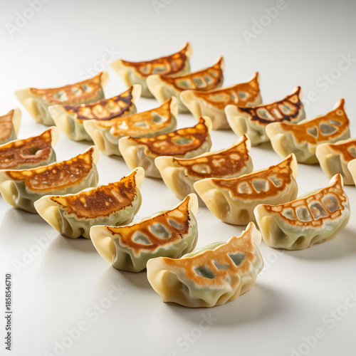 Ultra-realistic pan-fried Japanese gyoza dumplings on clean white background, crispy textures, appetizing presentation, high-resolution 8k, photorealistic, editorial stock photography.
