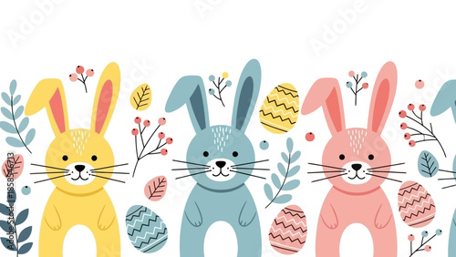 A charming horizontal border illustration featuring three adorable cartoon bunnies in yellow, blue, and pink, surrounded by decorative Easter eggs and foliage.