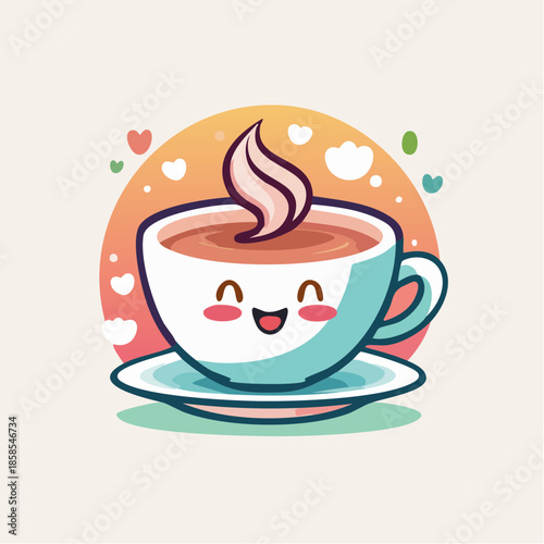 A cheerful cartoon illustration of a coffee cup with a smiling face, steam, and hearts.