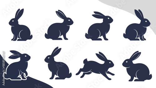 Collection of eight dark blue silhouette illustrations of rabbits in various poses, set against a white and grey background.