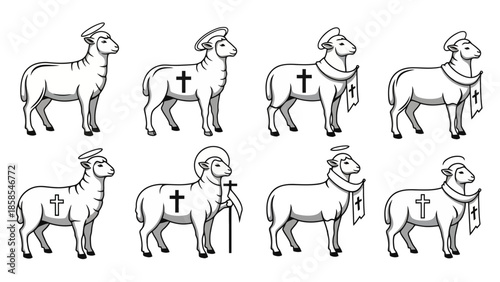 Collection of eight stylized illustrations of lambs, each bearing Christian symbols like crosses and halos, representing religious iconography.
