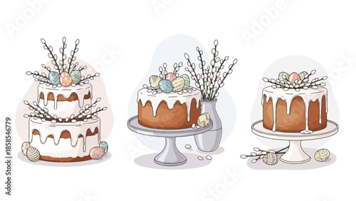 Three beautifully decorated Easter cakes, adorned with pussy willow branches and colorful eggs, presented on elegant cake stands.