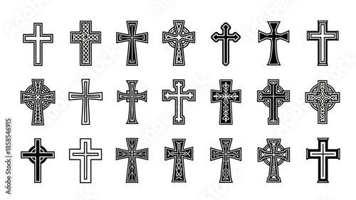 A collection of 21 intricate Celtic and Christian cross designs, presented in a grid format against a white background.