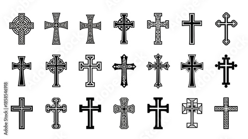 A collection of diverse Christian cross designs, showcasing intricate Celtic knots and classic religious symbols.