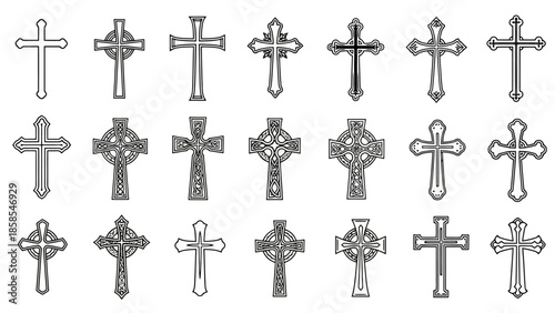 A collection of 21 diverse Christian cross designs, featuring intricate Celtic knots and traditional styles, presented in a grid format.