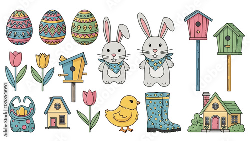 A charming collection of Easter-themed illustrations featuring decorated eggs, cute bunnies, birdhouses, tulips, a chick, rain boots, and houses.