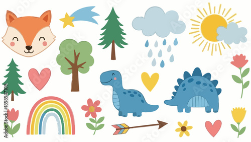 A whimsical collection of cute cartoon illustrations featuring a fox, dinosaurs, trees, a rainbow, clouds, a sun, and hearts, perfect for children's designs.