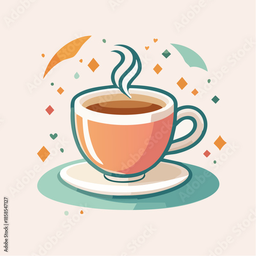 A charming illustration of a steaming cup of coffee on a saucer, with decorative elements.