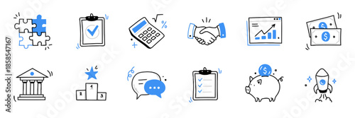 Doodle illustrations set for business and finance in vector includes puzzle task calculator handshake chart bank podium chat checklist piggy bank rocket on white background