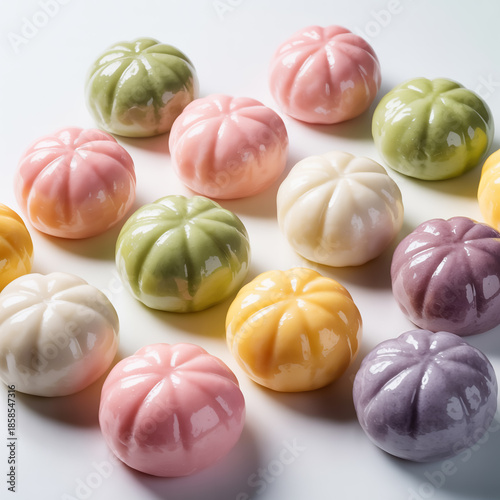 Vibrant assorted Japanese mochi spheres with glossy sheen on white backdrop, ultra-detailed textures, appetizing photorealistic style,visually striking composition.