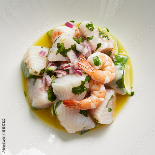 Gourmet seafood ceviche with lime zest, fresh herbs, vibrant vegetables, ultra-realistic textures, appetizing editorial style, natural light, photorealistic 8K, high-resolution stock image.