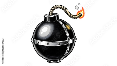 Full bomb with metallic textures, fuse detail, and slightly stylized design, isolated on white background, ideal for conceptual, game, and design projects.