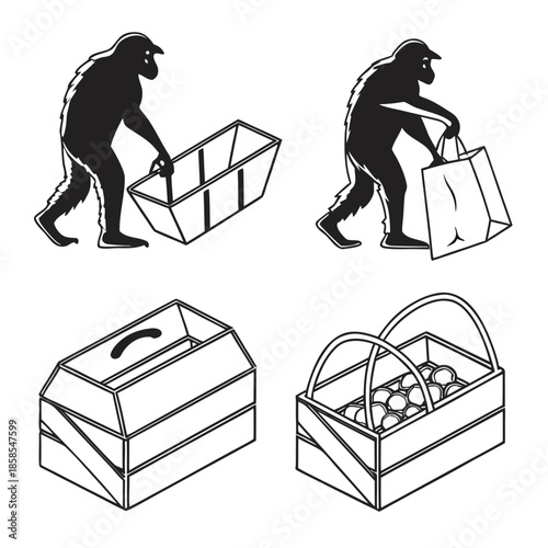 Illustrations of a primitive man with various containers