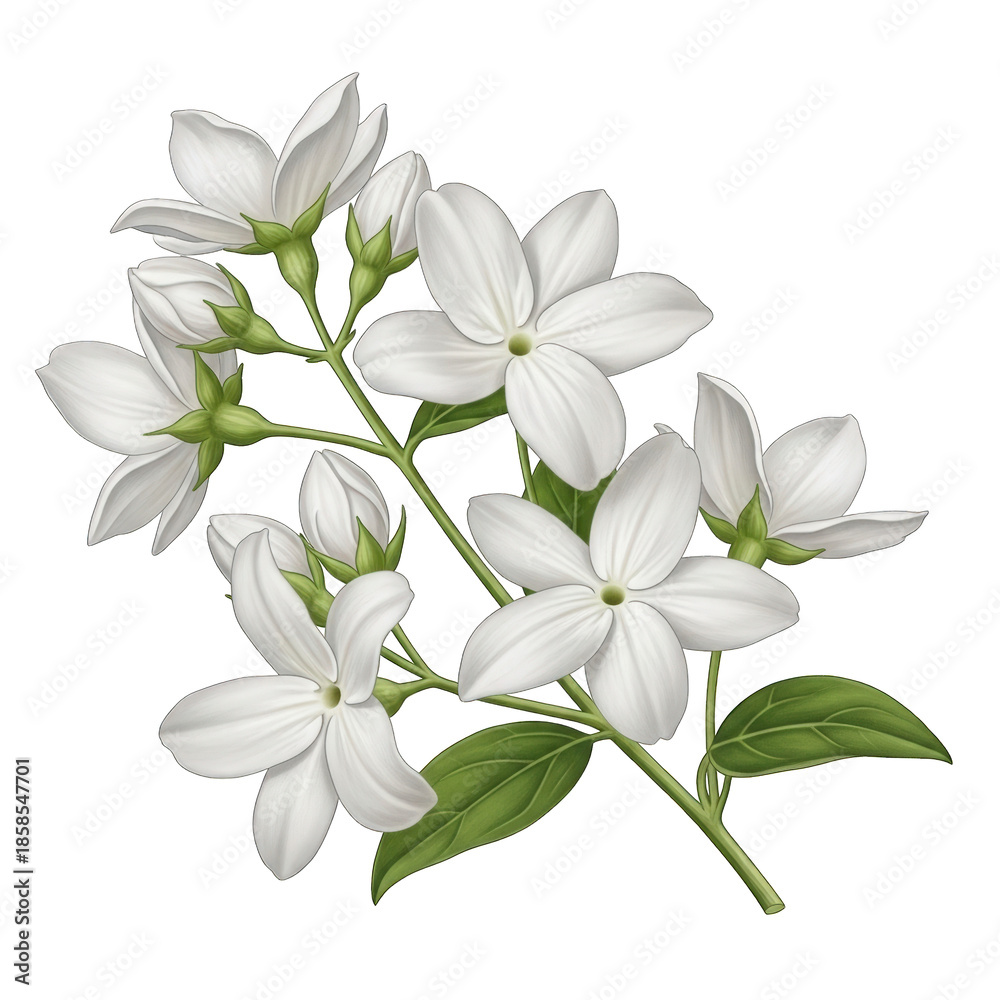 Fototapeta premium Beautiful white jasmine flowers on green stem with leaves