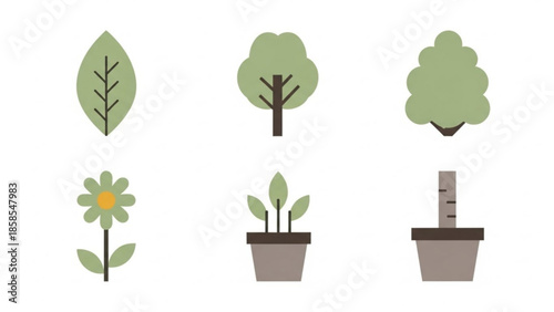 Collection of stylized plant and tree icons representing nature and growth