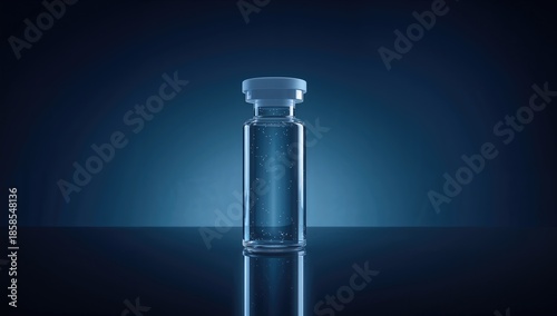 Pharmaceutical vial placed against a dark blue backdrop, medication containment and laboratory safety