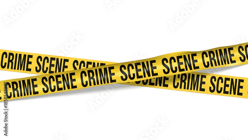 Full strip of yellow tape with bold black lettering, slight folds and shadows, isolated on white background, ideal for law enforcement, safety, and crime projects.