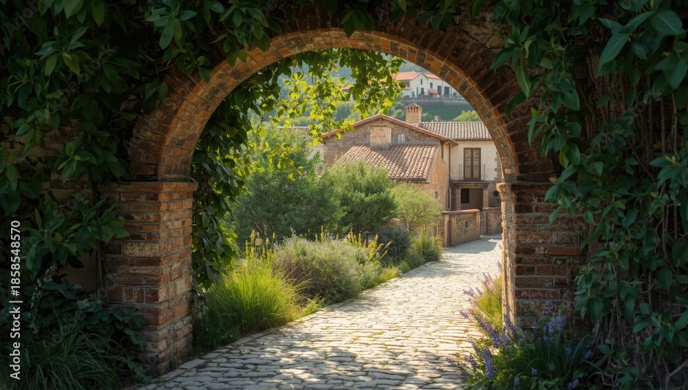 Obraz premium Charming stone arch leading into a village scene with abundant foliage and traditional Mediterranean design, ideal for cultural heritage recognition