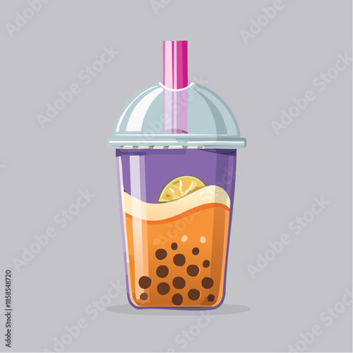 A vibrant illustration of a refreshing bubble tea drink with tapioca pearls and a straw.
