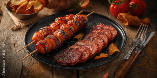 Wallpaper Mural Grilled skewers featuring pork sausages and smoked English bacon, complemented by oven-baked German salami wurst on a black plate, focusing on culinary craftsmanship. Torontodigital.ca