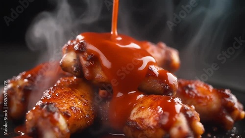 Sauce Pouring Over Hot Steaming BBQ Chicken Wings Delicious Food Video
