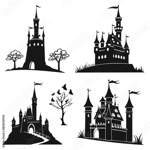 Collection of black and white castle silhouettes